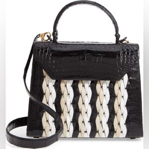 Nancy Gonzalez Mini Top Handle Bag – Black Croc Embossed with Woven Detail